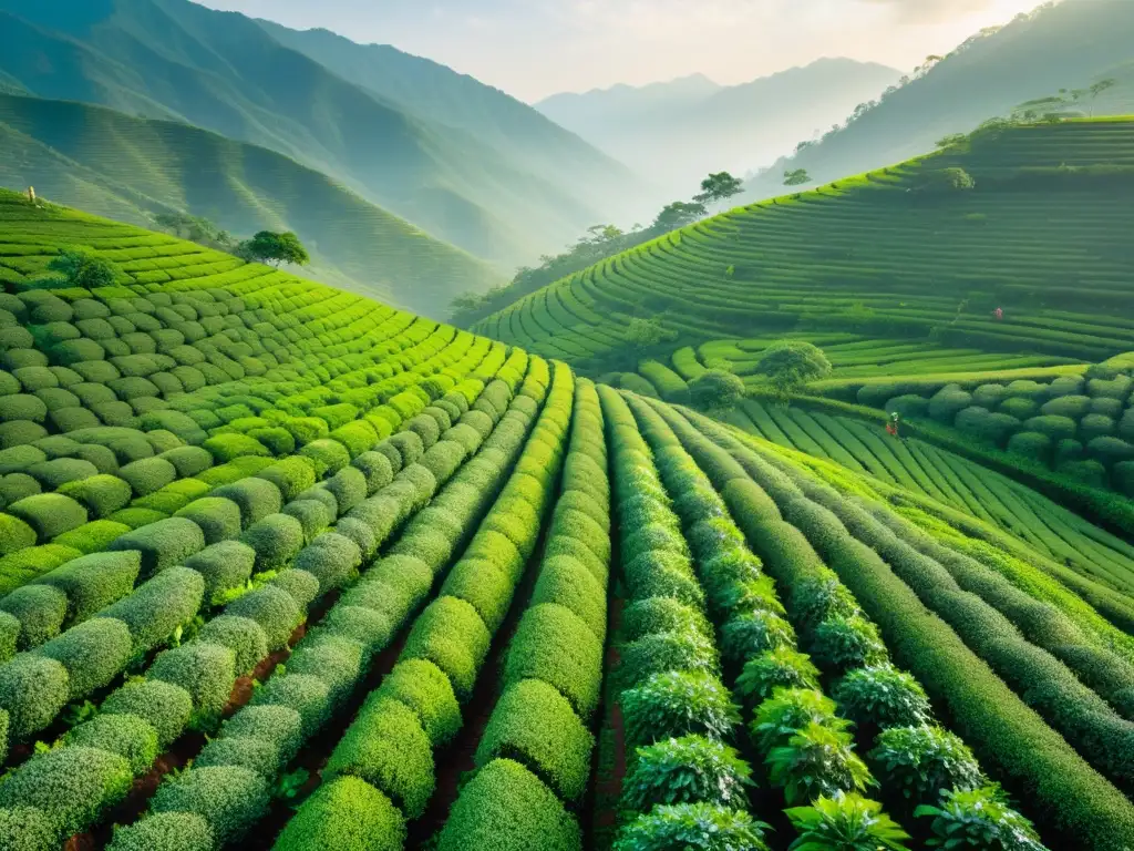 Plantaciones de té en Asia: Una imagen documental de una exuberante plantación de té en las colinas, con trabajadores cosechando cuidadosamente hojas de té bajo la cálida luz del sol y montañas neblinosas al fondo