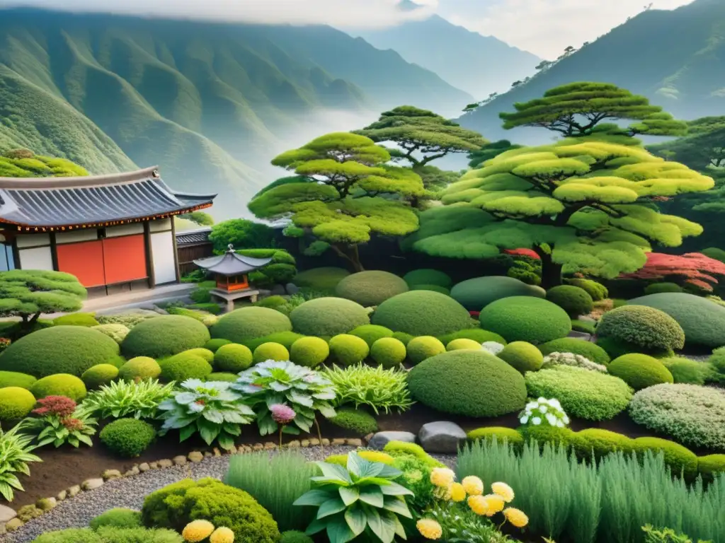 Jardín de plantas medicinales japonesas con paisaje de templo y montañas neblinosas