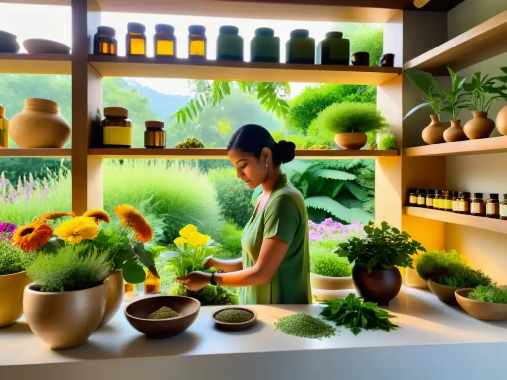 Un jardín de sanación Ayurveda con plantas vibrantes y un practicante preparando remedios herbales, reflejando la tranquilidad y sabiduría antigua