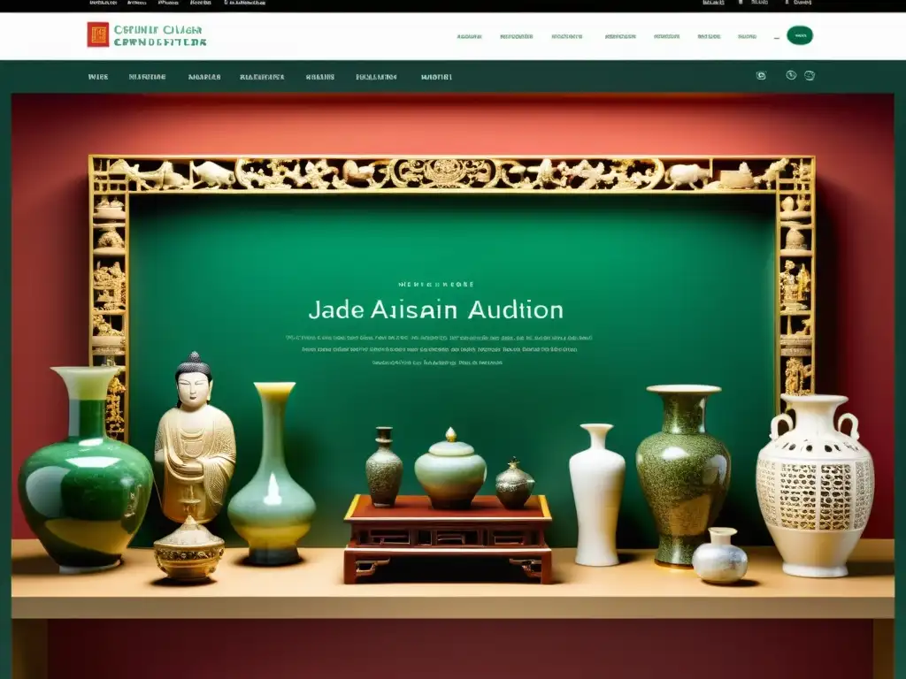 Plataforma de subasta online con antigüedades asiáticas, jade, porcelana y tapices, transmitiendo sofisticación y riqueza cultural