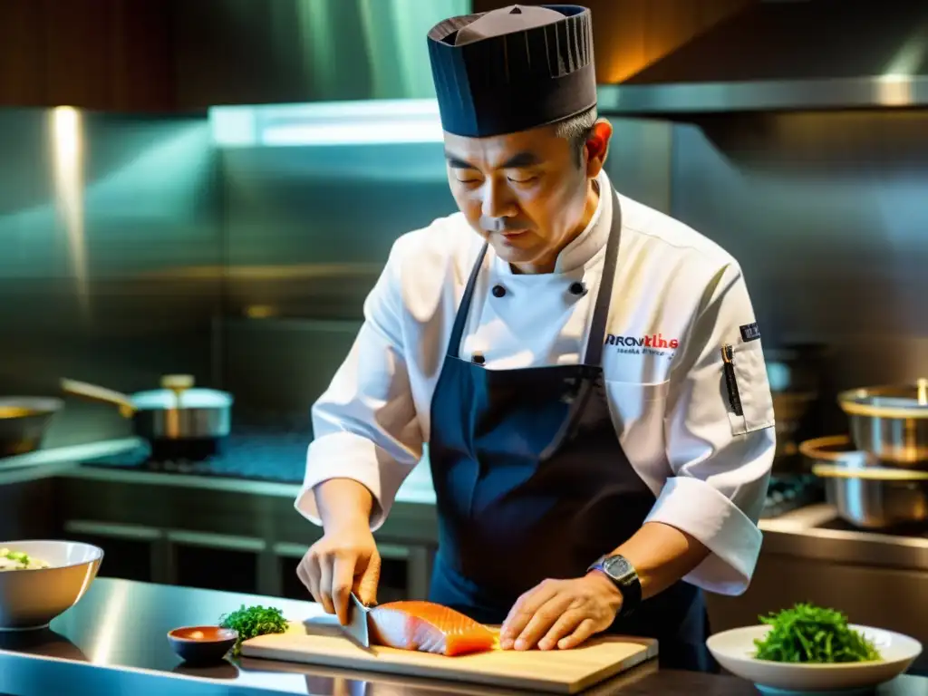 Nobu Matsuhisa prepara con maestría un platillo japonés en una cocina minimalista, capturando su filosofía culinaria