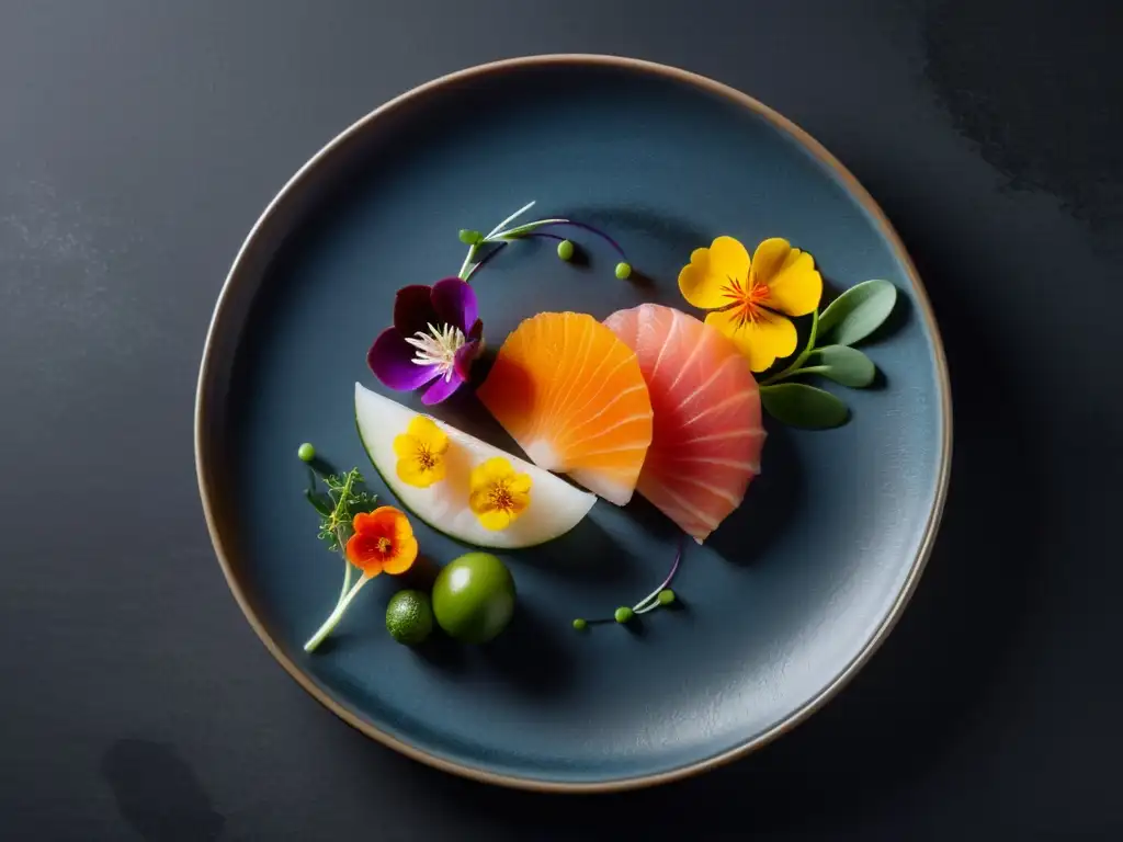 Plato de alta cocina asiática en restaurante Estrella Michelin, con sashimi y flores comestibles en plato cerámico