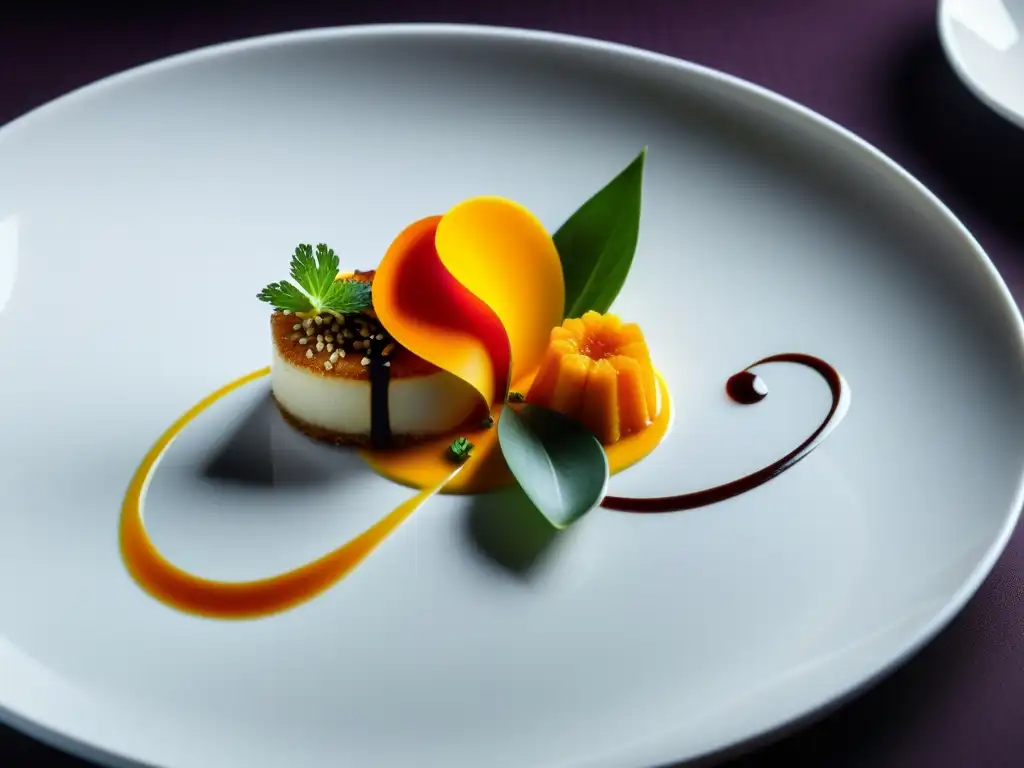 Exquisita presentación de plato estrella Michelin en Asia Plato de alta cocina en restaurante con Estrellas Michelin Asia: presentación meticulosa y colores vibrantes evocan sofisticación y lujo