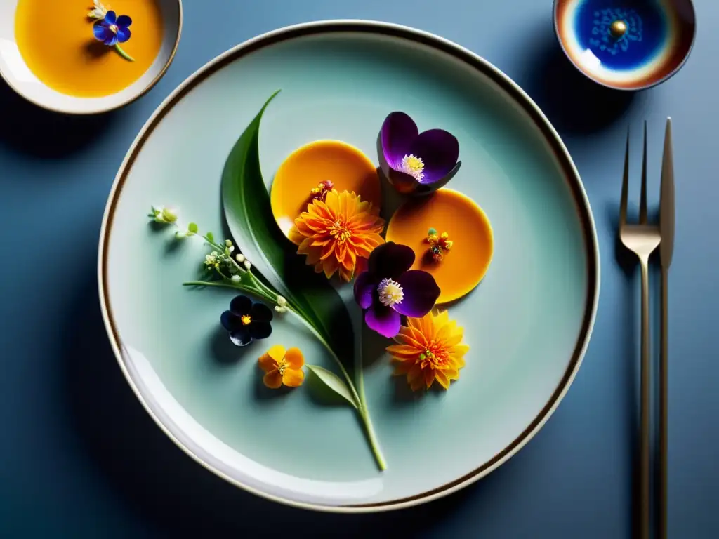 Plato asiático de lujo con presentación meticulosa y colores vibrantes, en un entorno de alta gastronomía