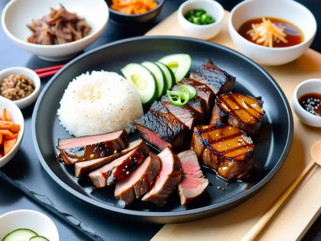 Plato de barbacoa coreana en restaurante con Estrellas Michelin, carne caramelizada y banchan coloridos