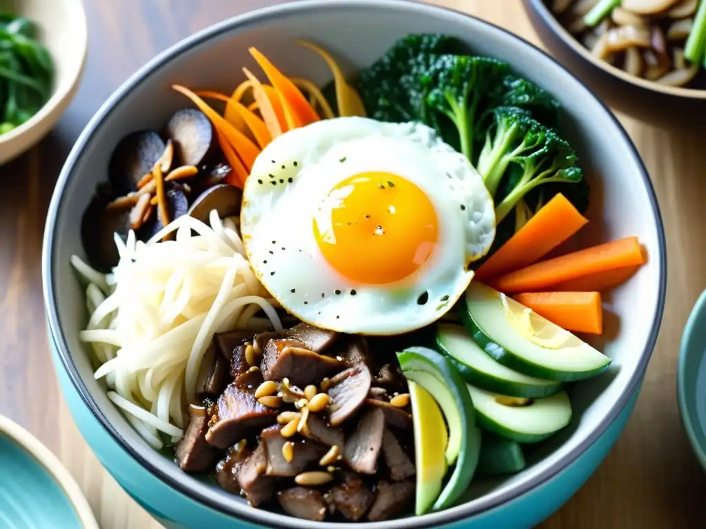 Un plato de Bibimbap tradicional coreano con arroz, carne, verduras y salsa gochujang, en una mesa rústica con kimchi