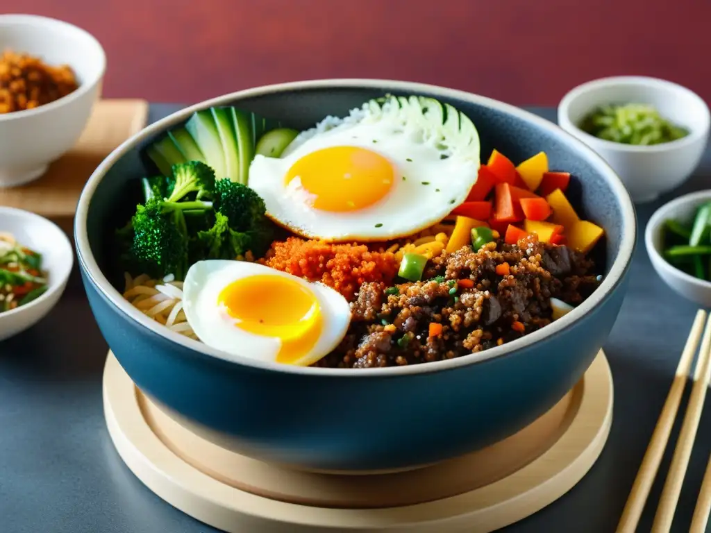 Un plato de bibimbap coreano con gochugaru, mostrando la esencia y uso del condimento en la cocina coreana