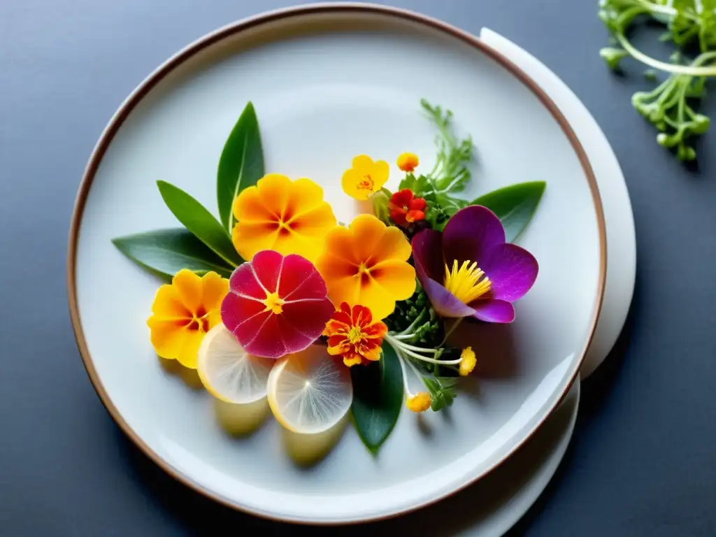 Un plato meticulosamente elaborado con influencias asiáticas y un emplatado vanguardista, destacando la belleza y frescura de sus ingredientes