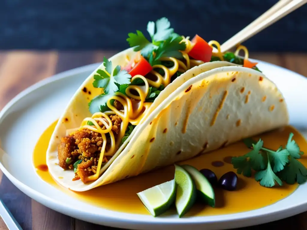 Un plato híbrido de la gastronomía asiática moderna: Ramen Taco con ingredientes coloridos y texturas vibrantes en una sartén humeante