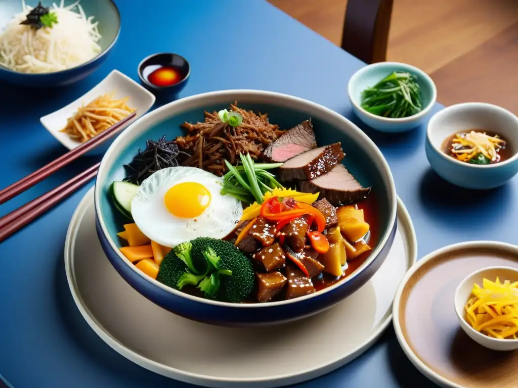 Un plato icónico de restaurante estrella Michelin, con delicias coreanas como bulgogi y bibimbap, presentado con elegancia y colorido