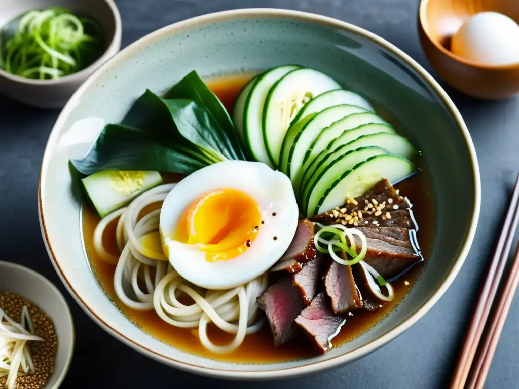 Plato de naengmyeon, fideos fríos verano coreano, con ingredientes frescos, servido en restaurante tradicional coreano