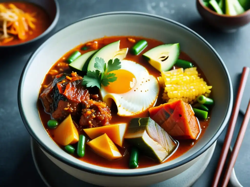 Un plato de piedra coreano rebosante de jjigae o kimchi, con vapor y colores vibrantes