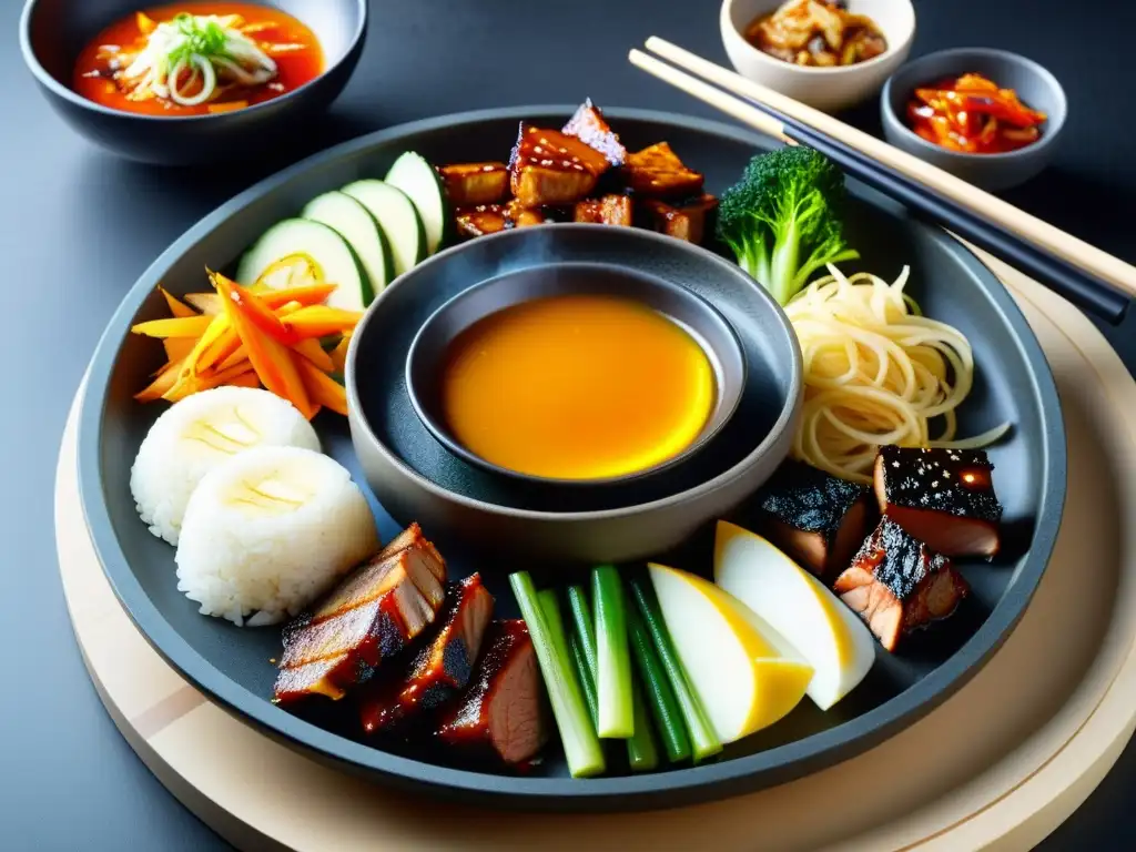 Plato de piedra humeante con surtido de banchan coreanos y carnes a la parrilla, capturando el impacto de la gastronomía coreana en Occidente