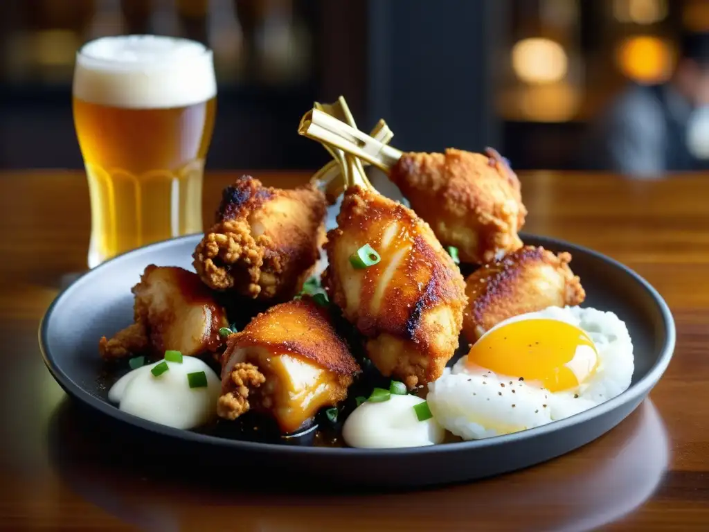 Plato de pollo frito y cerveza helada en restaurante coreano, capturando la esencia de chimaek en la cultura asiática