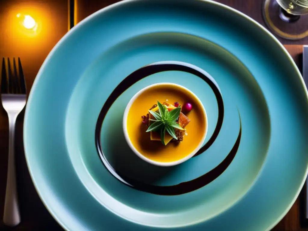 Exquisita creación culinaria en restaurante con estrella Michelin Plato exquisitamente presentado en restaurante de Estrella Michelin, con colores vibrantes y detalles intrincados, en un ambiente elegante y cálido