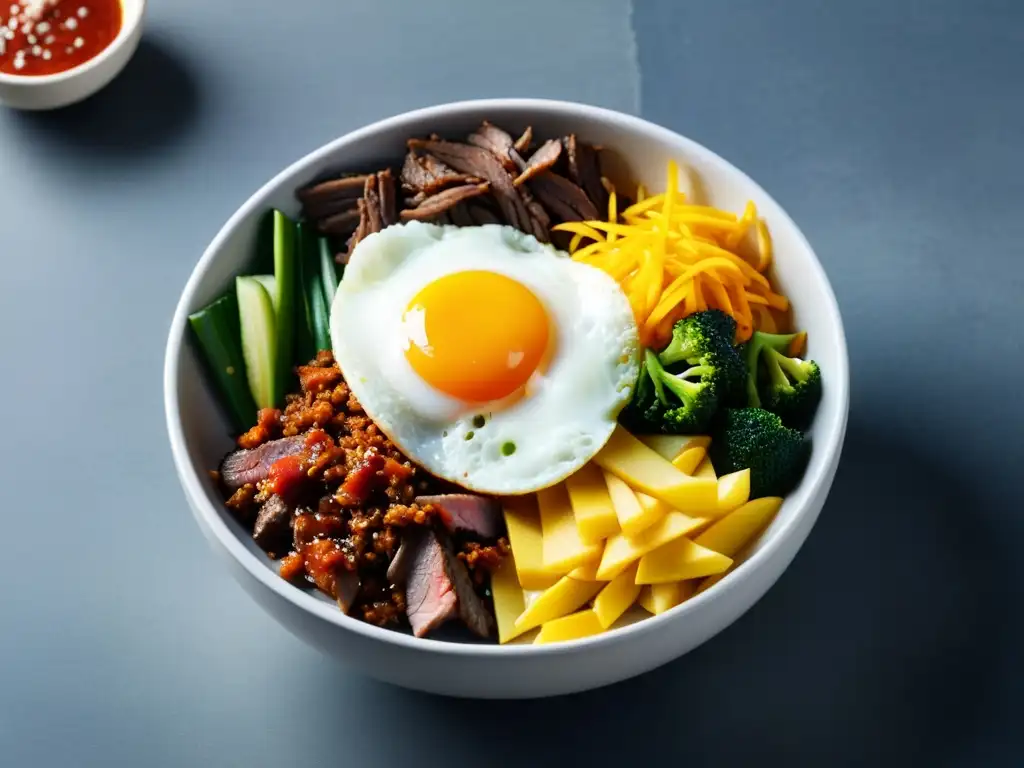 Un plato tradicional coreano de bibimbap con arroz, vegetales, carne, huevo frito y salsa gochujang, en un tazón de piedra