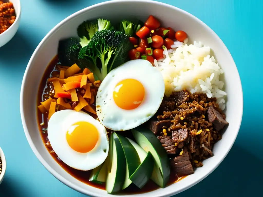 Un plato tradicional coreano de bibimbap, con arroz, verduras, carne, huevo y salsa gochujang, servido en un tazón de piedra sobre una mesa rústica