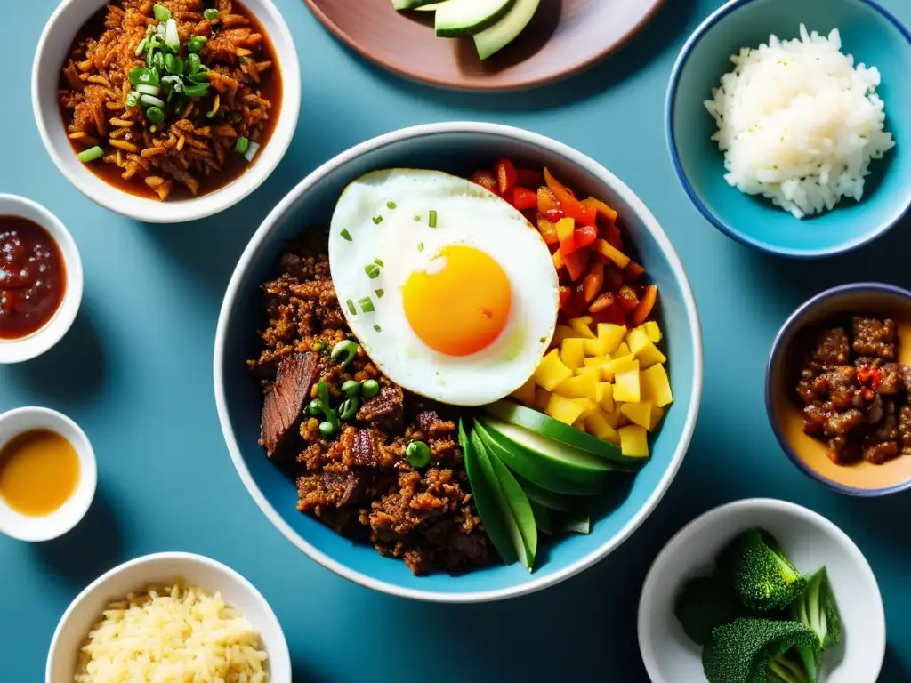 Un plato tradicional coreano de Bibimbap, con arroz, verduras, carne, huevo y gochujang, sobre una mesa con banchan y utensilios