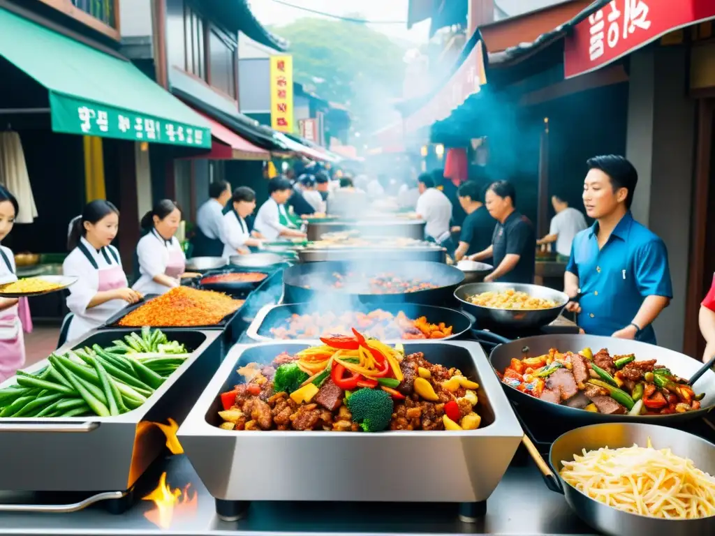 Dakgalbi, plato tradicional coreano: Calle bulliciosa en Corea del Sur, llena de puestos de comida y gente