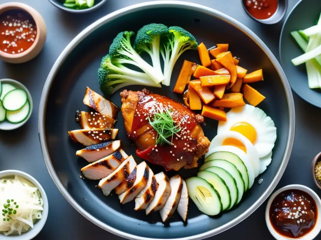 Un plato de Dakgalbi tradicional coreano cocinándose en una parrilla, con salsa roja gochujang y vegetales frescos