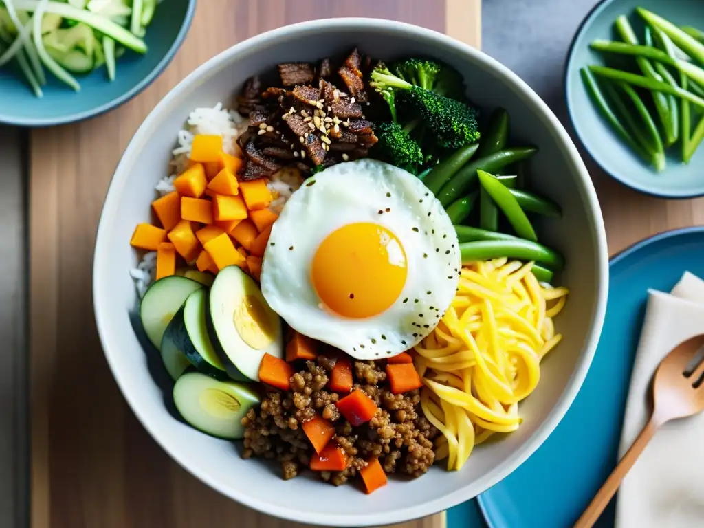 Un plato tradicional coreano de bibimbap, con una presentación colorida y geométrica, entendiendo el umami en platos coreanos