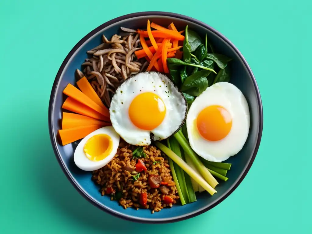 Bibimbap plato tradicional coreano con vegetales coloridos y un huevo perfectamente cocido, servido en un tazón de cerámica