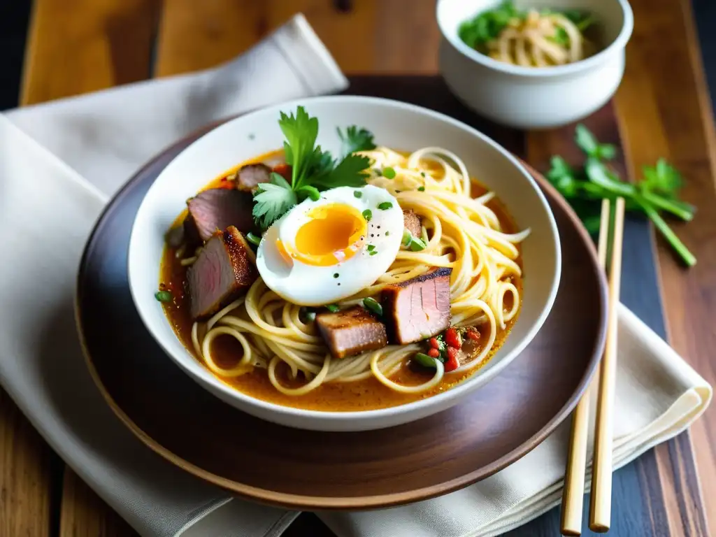 Platos híbridos gastronomía asiática moderna: Laksa Carbonara con fideos, cerdo char siu y huevo poché en mesa rústica