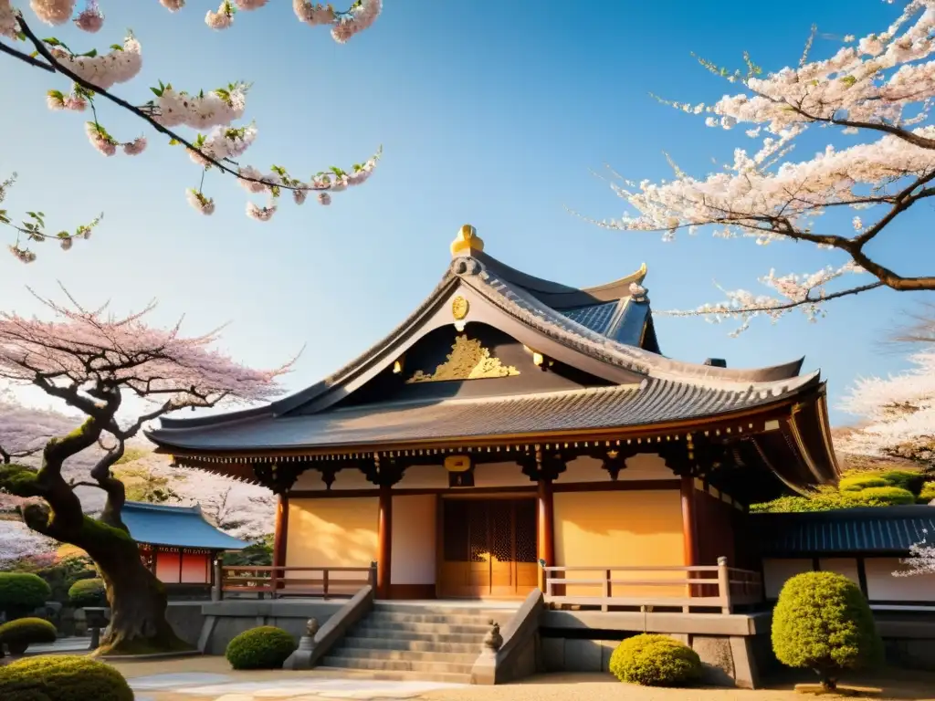 Platos Zen en Templos Japoneses: un templo tradicional entre cerezos en flor, con monjes y una atmósfera serena y armoniosa