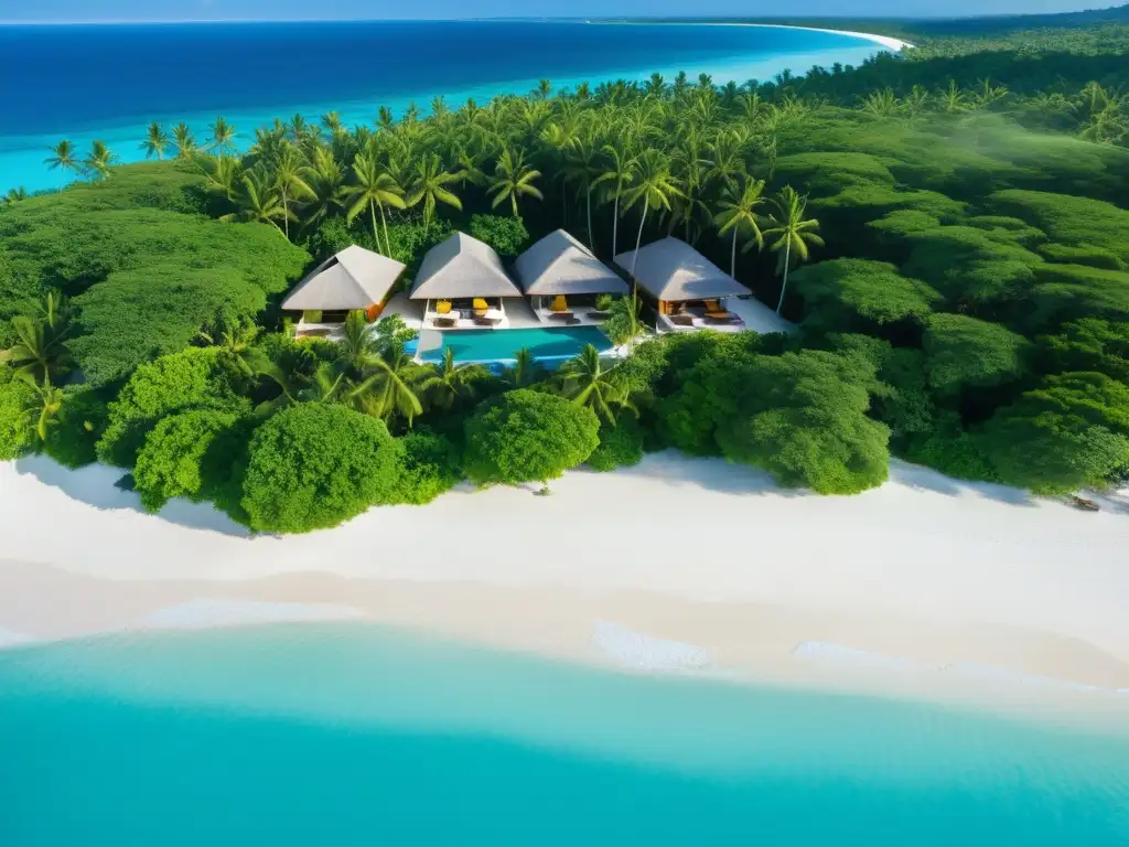 Playa paradisíaca en Filipinas con aguas turquesa, palmeras y villas de lujo