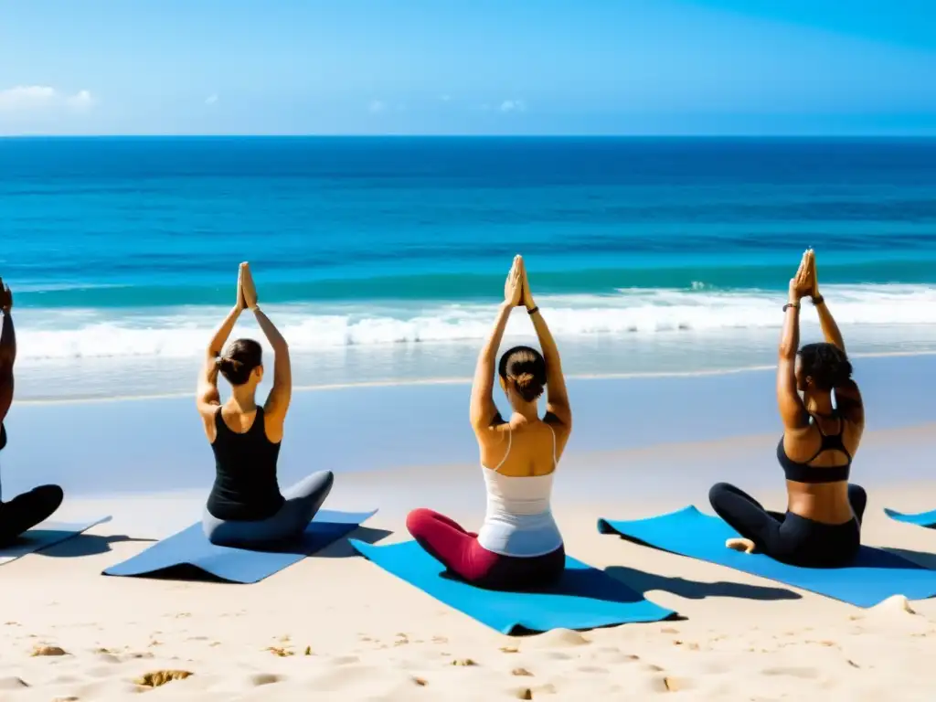 Práctica de yoga en la playa con sanación holística en Ayurveda y Yoga