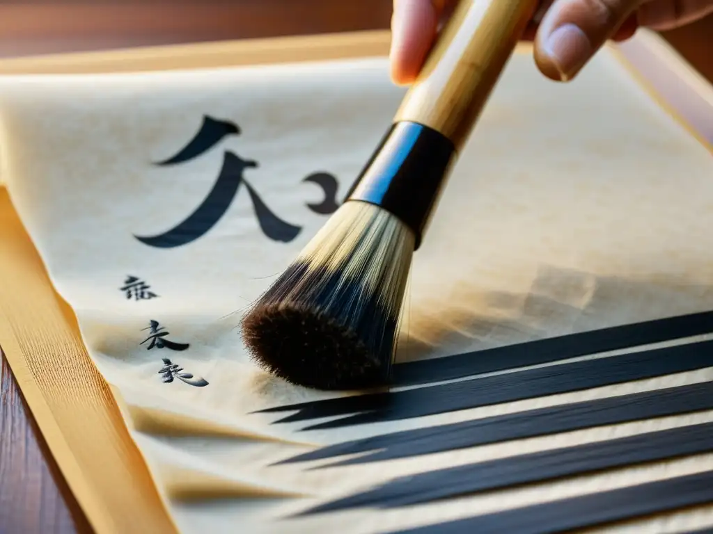 Una pluma óptica con diseño de caligrafía china, sumergida en tinta, lista para crear elegantes caracteres en papel de arroz