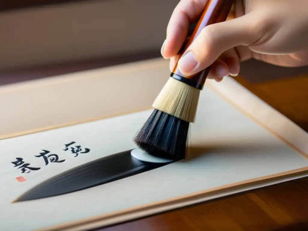 Una pluma óptica con diseño de caligrafía traza delicadas letras sobre papel de arroz, iluminada por luz natural