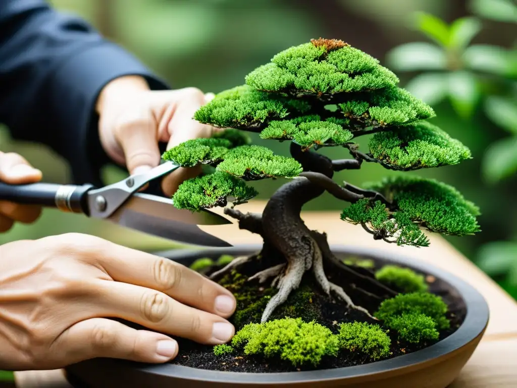 Un hábil podador japonés utiliza técnicas tradicionales de poda japonesa para dar forma a un hermoso bonsái con precisión y destreza