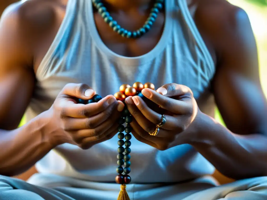 Poder espiritual en la meditación con rosarios cuentas, rodeado de luz natural y serenidad