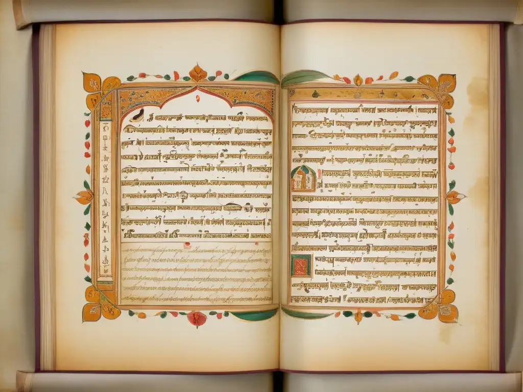 Una poesía clásica india de amor, escrita a mano en caligrafía delicada con ilustraciones detalladas en un pergamino envejecido