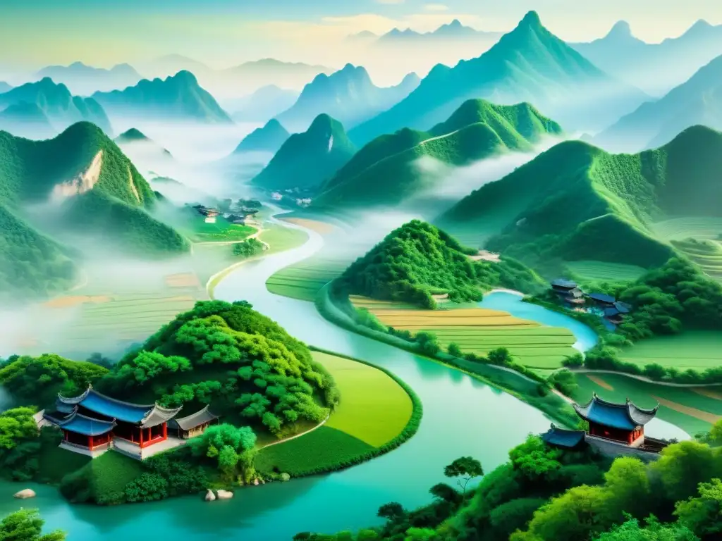 Una poesía visual de la antigua China: montañas verdes, río serpenteante y aldea tradicional