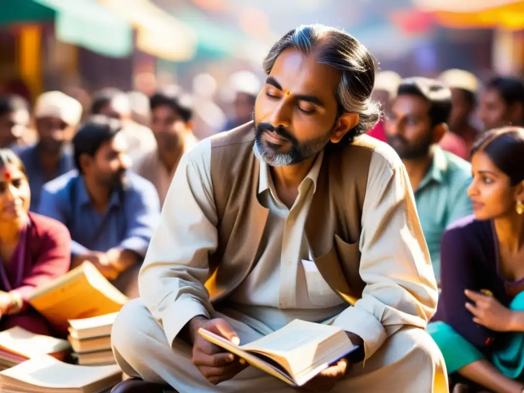 Un poeta contemporáneo de la India en plena interacción con su audiencia en un animado mercado, rodeado de libros y poemas coloridos