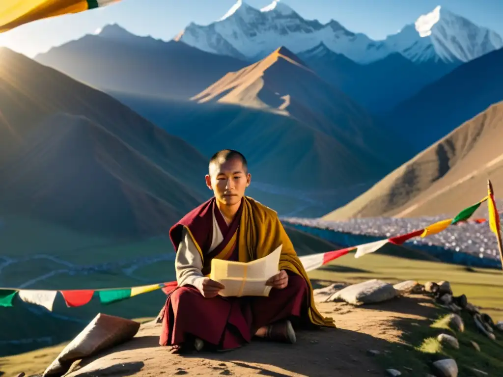 Un poeta tibetano en introspección, rodeado de banderas de oración, inspirado por la belleza de los Himalayas al atardecer