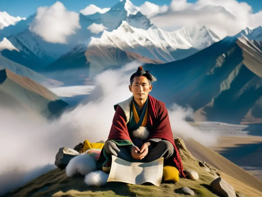 Un poeta tibetano solitario reflexiona en la cima de una montaña, rodeado de niebla y picos nevados