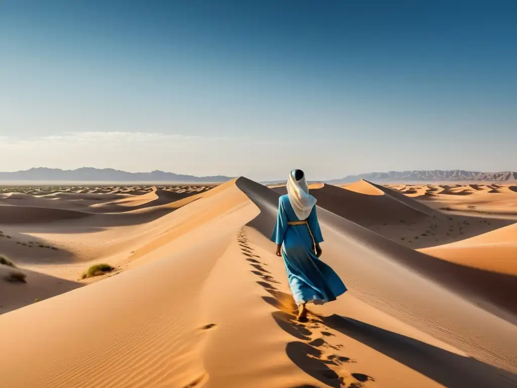 Un poeta árabe admira la vasta belleza del desierto, con dunas y cielos azules