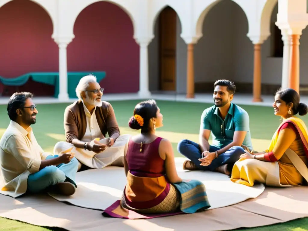 Poetas contemporáneos India en animada discusión en festival literario, en un patio soleado con decoración tradicional