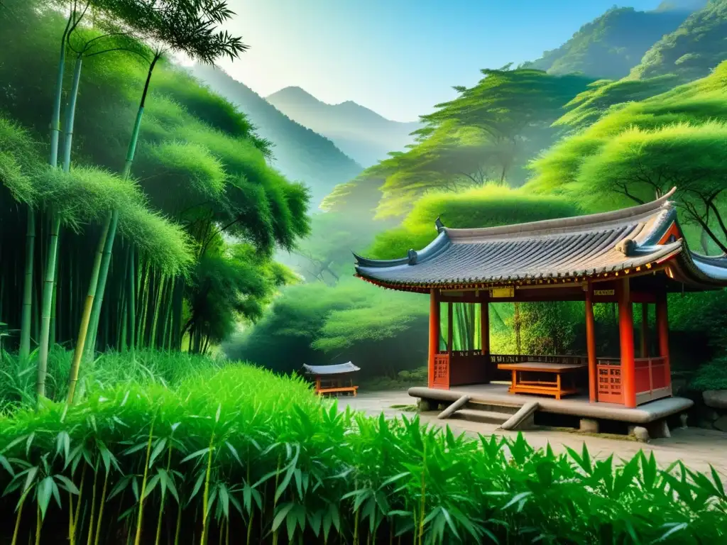 Poetisa entre bambúes: Escena serena y evocadora Poetisa en un bosque de bambú, rodeada de paz y contemplación, evocando a las poetisas olvidadas de Asia