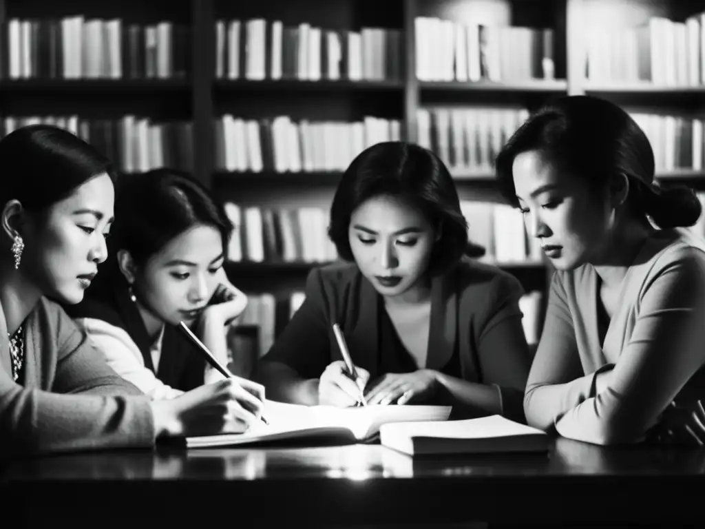 Intensidad creativa: poetas asiáticas en reunión Poetisas olvidadas de Asia reunidas en una atmósfera íntima, rodeadas de libros, con expresiones llenas de intensidad y creatividad en blanco y negro