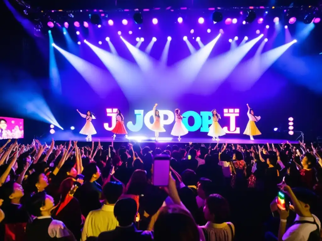 Innovación y tradición en la música pop japonesa: artistas JPop en vibrante actuación en vivo, con luces y moda japonesa, ante público entusiasta