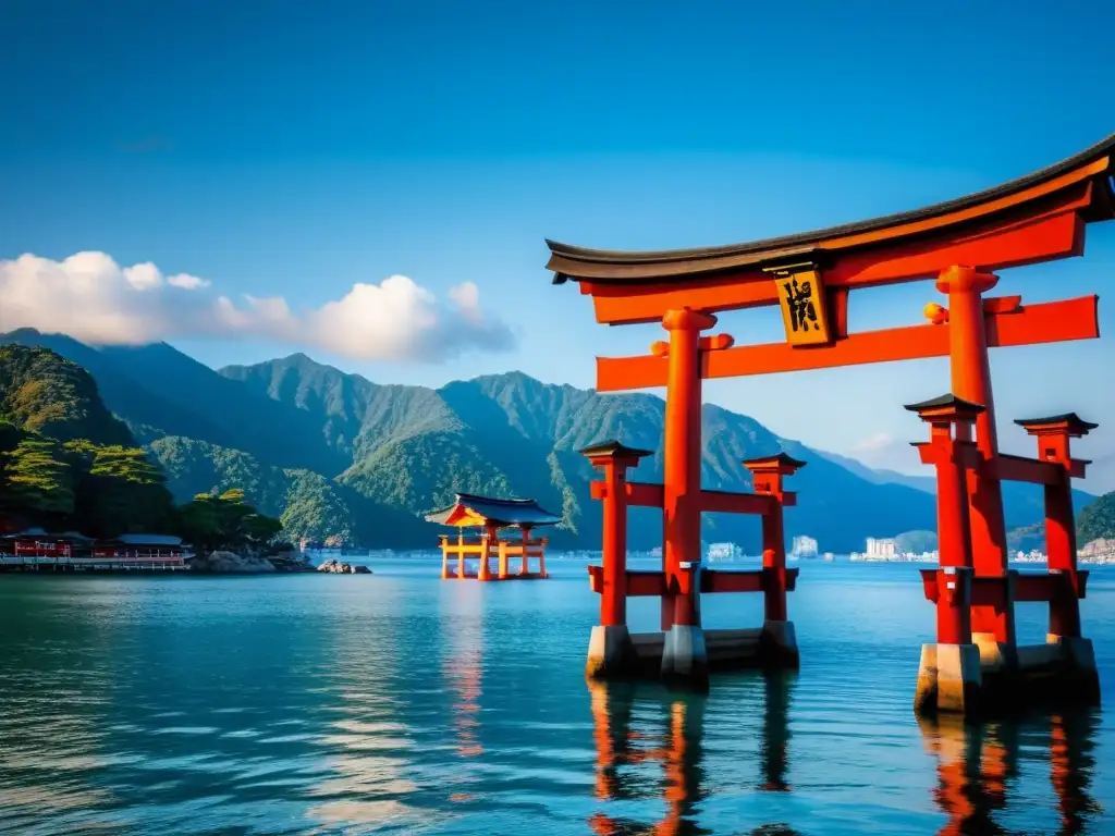 Los portales sagrados Torii en Miyajima, Japón, se alzan en el agua serena, destacando su significado cultural y belleza etérea