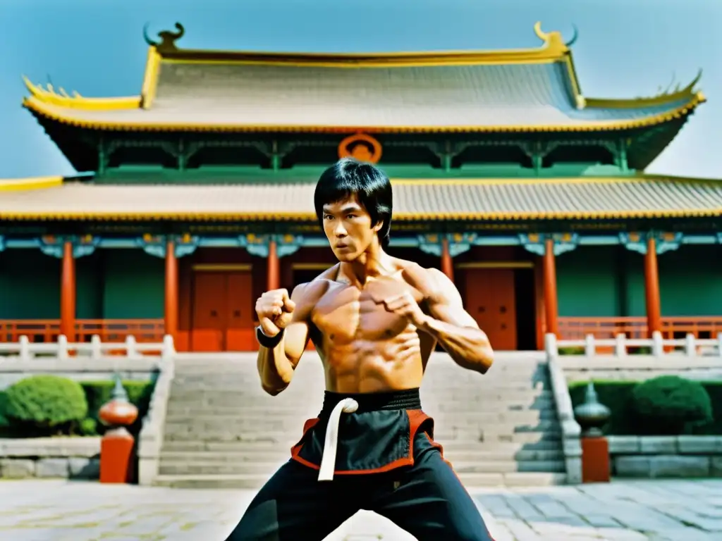 Bruce Lee en postura de combate en un templo chino, capturando la esencia del cine de artes marciales en Asia