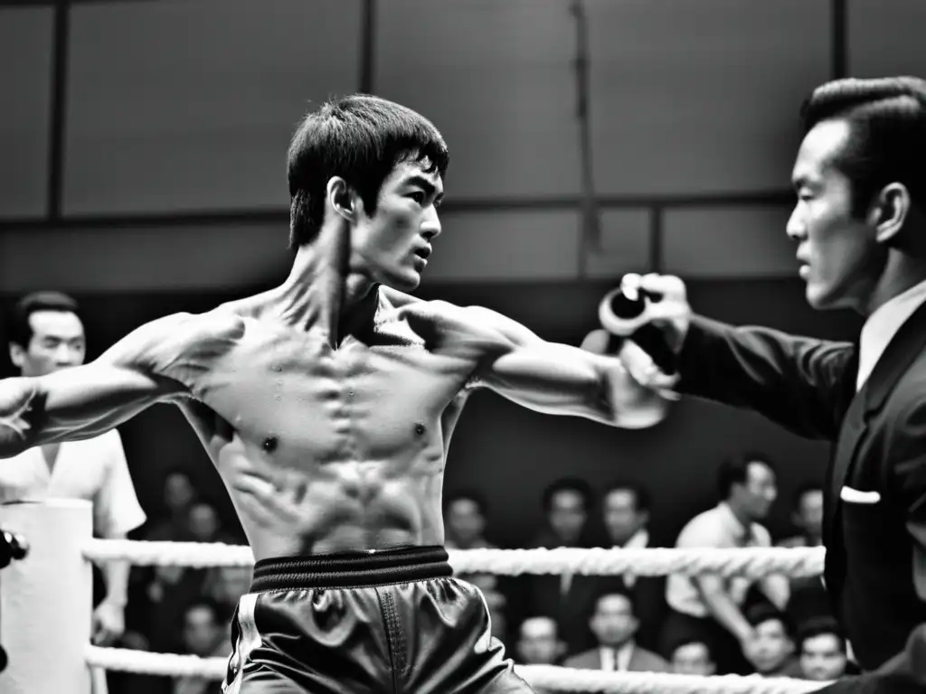 Bruce Lee ejecuta una potente técnica de artes marciales en un set de película vintage