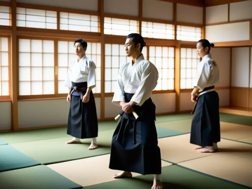 Una práctica armoniosa de Aikido en un sereno dojo iluminado por luz natural