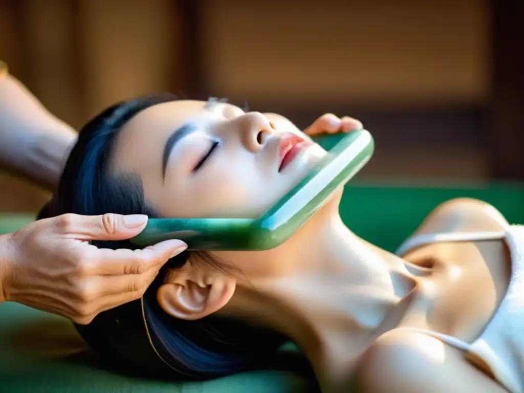 Una práctica de belleza tradicional china: un terapeuta sostiene un rodillo de jade sobre la piel de una mujer relajada