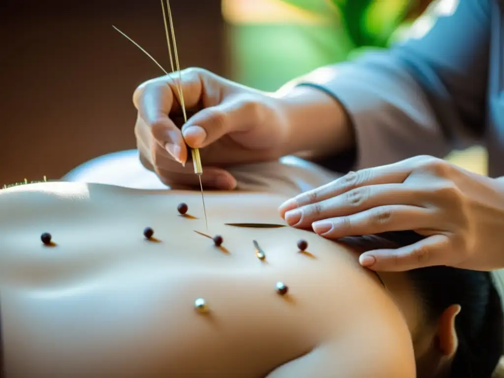 Un practicante de acupuntura de la antigua China inserta agujas con precisión en un paciente, en un entorno sereno y tradicional